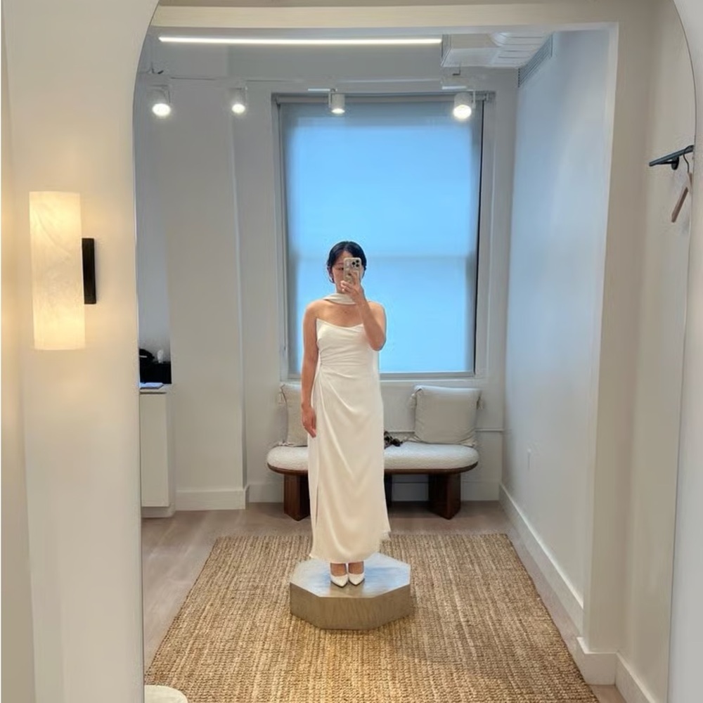 Jenny Yoo Cream One-Shoulder Slip Dress